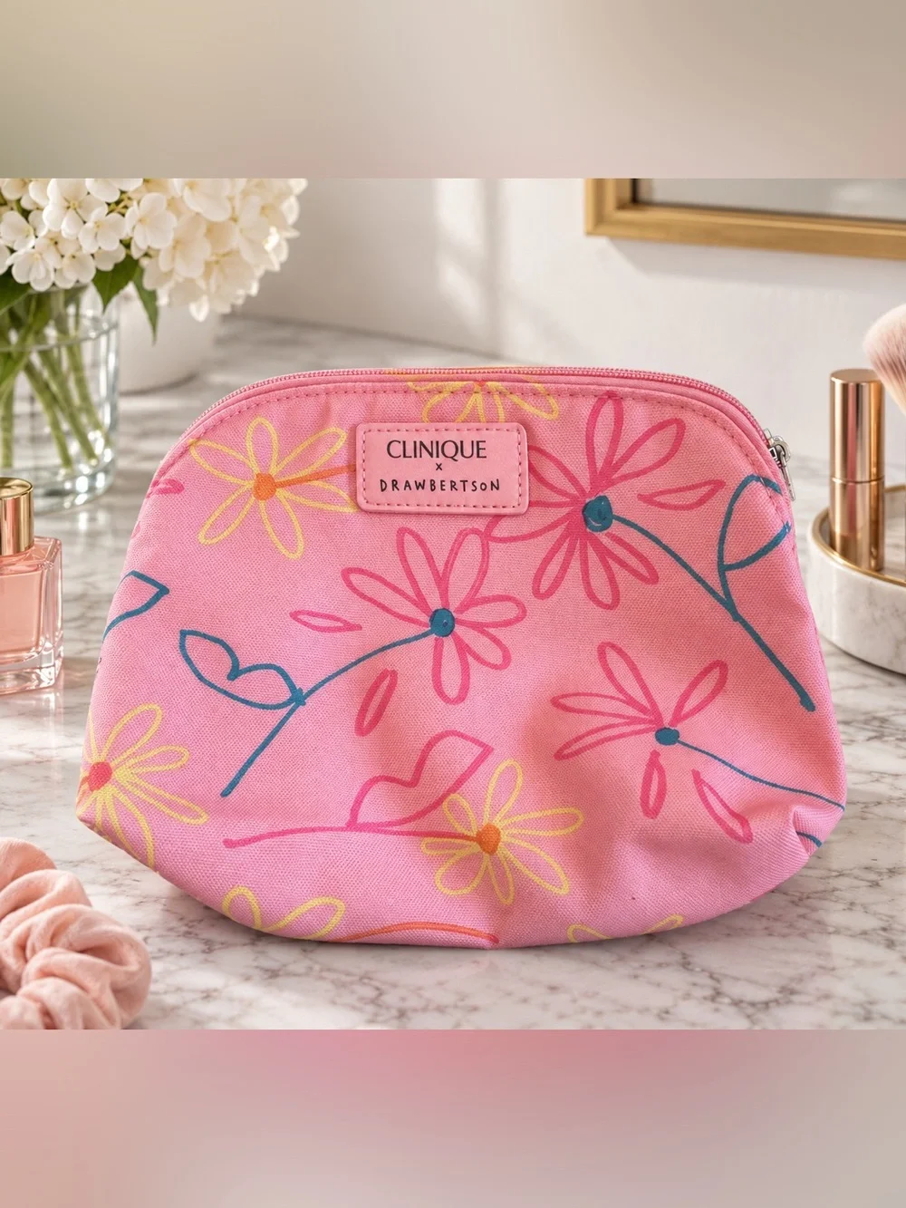 Clinique x Drawbertson Pink Floral Makeup Bag Cosmetic Pouch Travel Case
